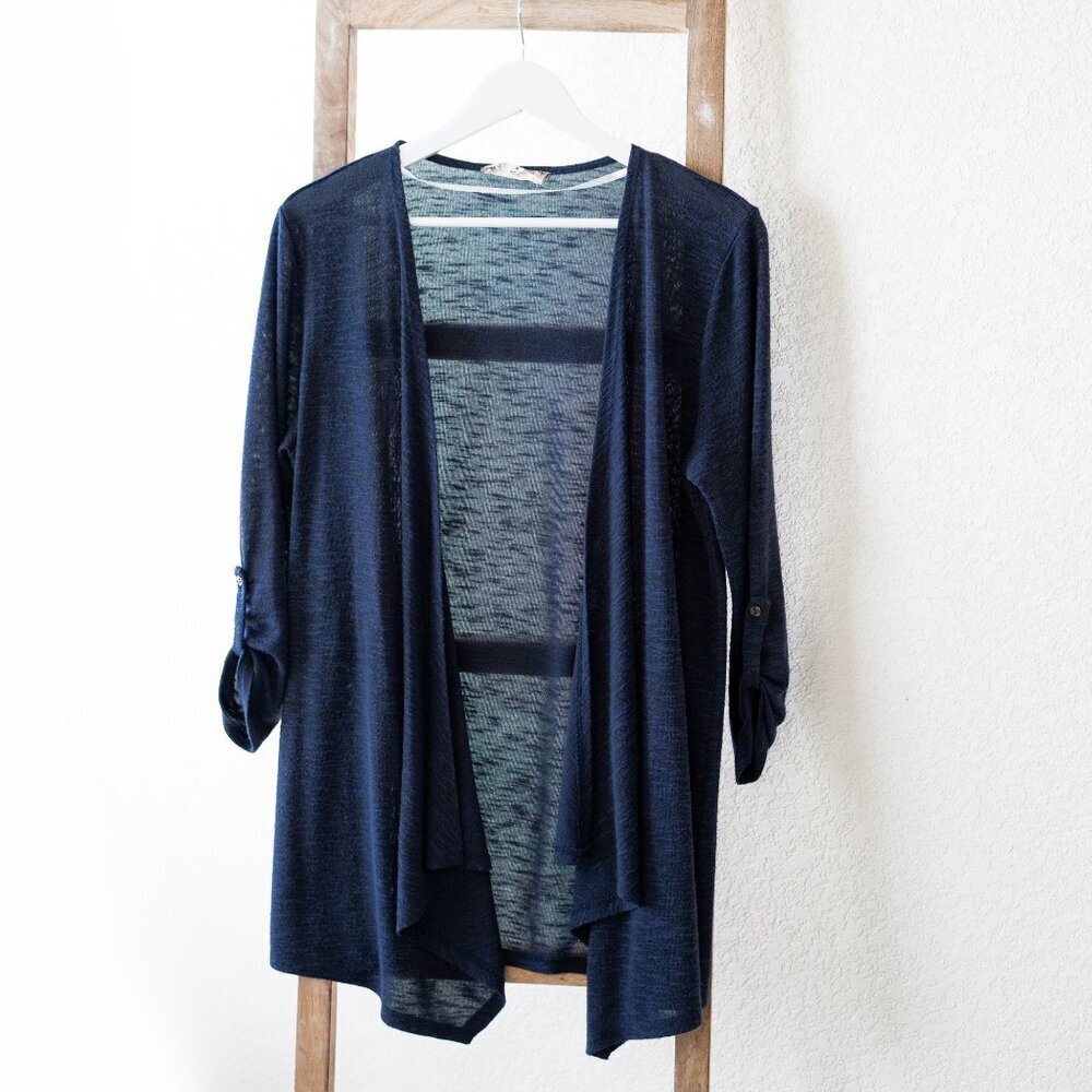 Pink Rose Navy Blue Lightweight Open Front Cardigan | 3/4 Roll Tab Sleeves Size